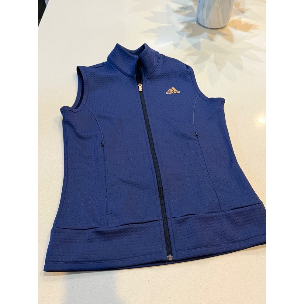 Adidas Golf Paula Creamer Navy Blue Full Zip Textured Vest Gold Logo Womens S